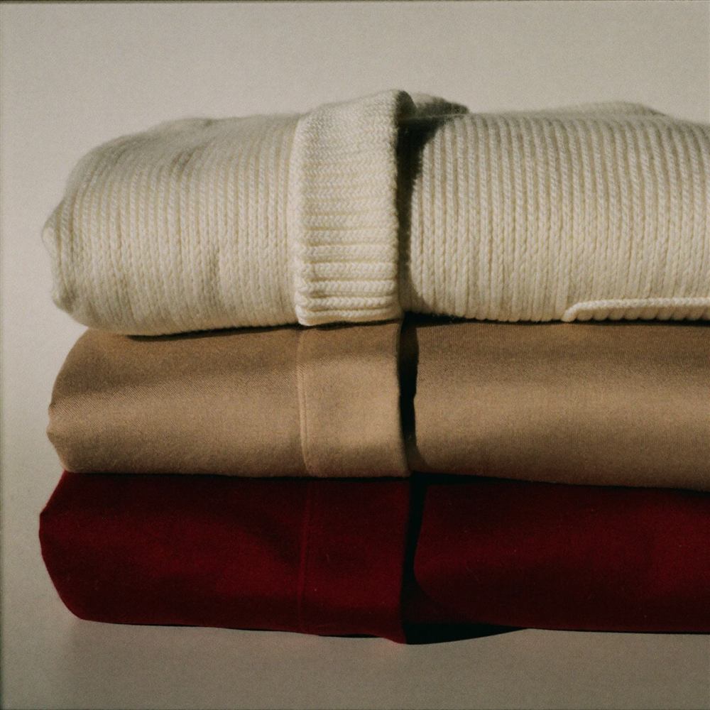 Folded silk and knit loungewear in ivory, taupe and burgundy